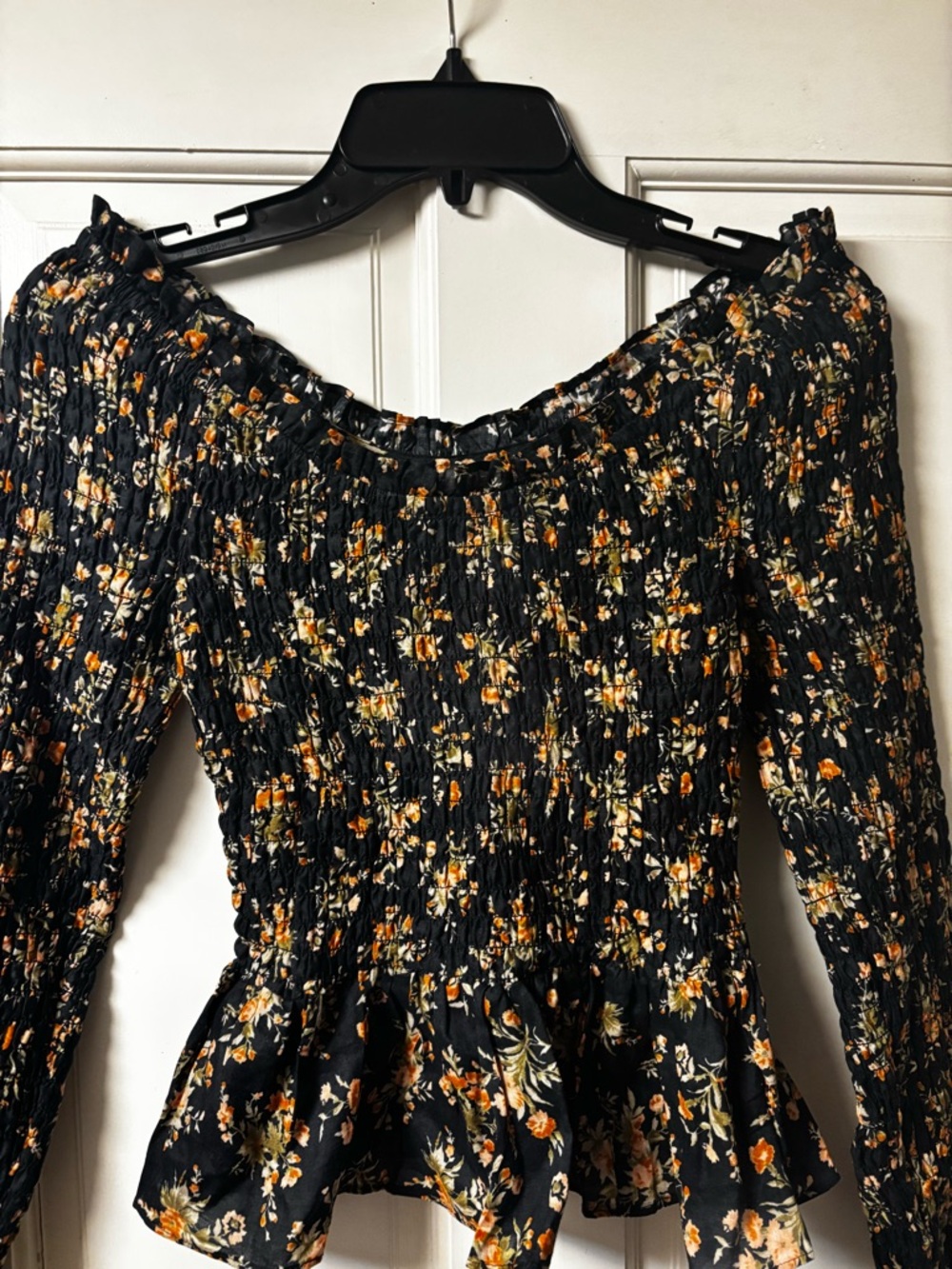 Doen Black Floral Smocked Peplum Blouse with Orange and Cream Flowers - Picture 3 of 6